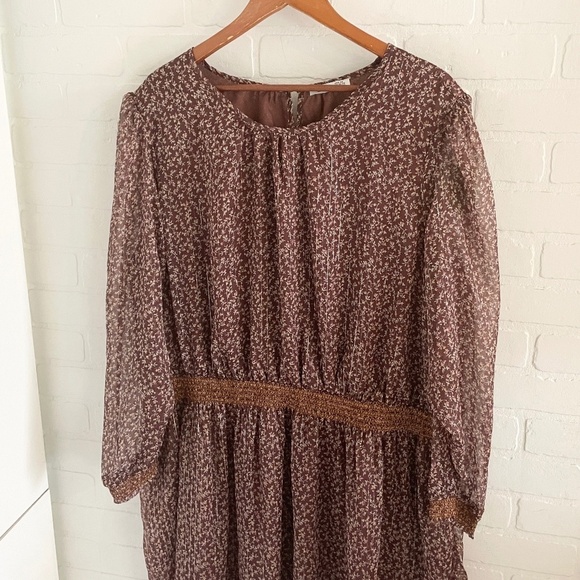 Dex Mini Dress Fall Floral Print Sheer Long sleeve Smocked waist Brown Sz 3X - Picture 7 of 16